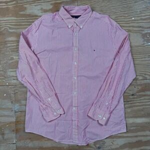 red and‎ white pinstripe tommy hilfiger long sleeve button up shirt